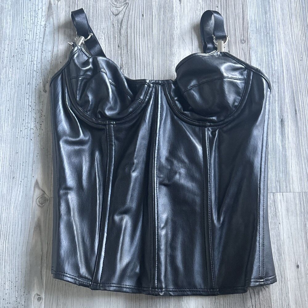 Fredericks Of Hollywood Bustier Bra Black Faux Leather Goth  Push Up Corset  34